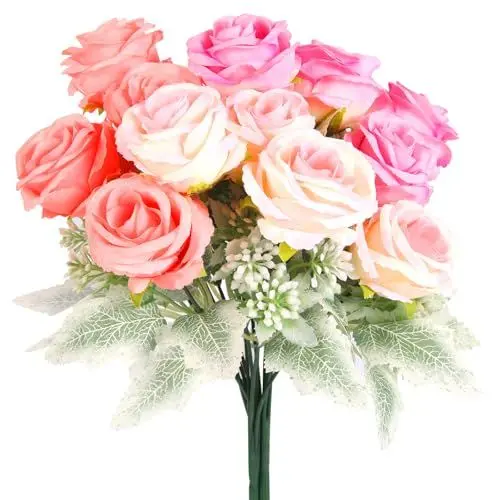 Produktbild: Sandiyago 15 Köpfe Seidenblumen Strauß DREI Farben, Künstliche Blumen, Hochzeitsstrauß, Kunstblumenstrauß, Brautstrauß, Party, Hochzeit, Tischdekoration, Heimdekoration