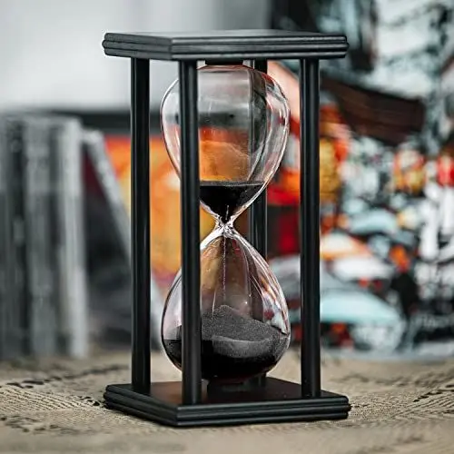 Produktbild: Sanduhr Timer 60 Minuten, Schwarzer Holzrahmen, Dekorativer Sanduhr (Schwarzer Sand, 20 x 10 x 10 cm)