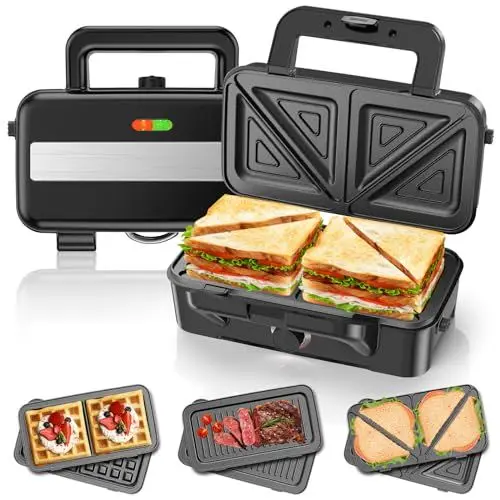 Produktbild: Sandwichmaker 3 IN 1, 1200W & 5-Gang-Temperaturregelung Waffeleisen, Sandwichtoaster, Kontaktgrill mit 3 Antihaftplatten für Sandwich, Waffeln, Fleisch, LED-Leuchten, Cool-Touch-Griff