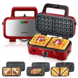 Produktbild: Sandwichmaker 3 in 1, 1200W Waffeleisen/Kontaktgrill/Sandwichtoaster, 5-Gang-Temperaturregelung, Antihaftbeschichter Plattensets, Wärmeisoliertem Griff, Spülmaschinengeeignet, LED-Leuchten, Rot