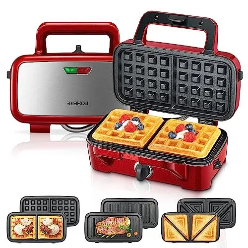 Produktbild: Sandwichmaker 3 in 1, 1200W Waffeleisen/Kontaktgrill/Sandwichtoaster, 5-Gang-Temperaturregelung, Antihaftbeschichter Plattensets, Wärmeisoliertem Griff, Spülmaschinengeeignet, LED-Leuchten, Rot