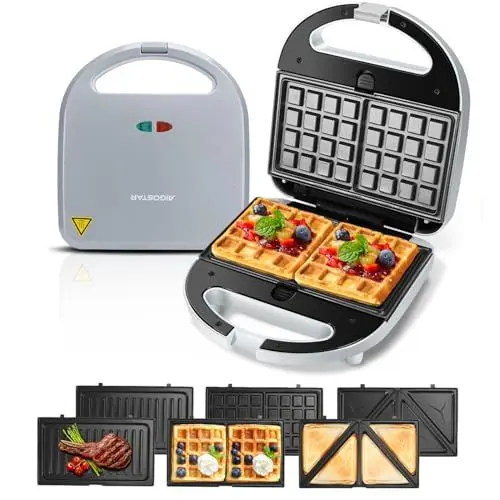 Produktbild: Aigostar Sandwich maker 3 in 1, Sandwich Maker, Kontaktgrill, Waffeleisen 3 in 1, 750W, Antihaftbeschichtete abnehmbare Platten, wärmeisolierter Griffe, Grau, Grace