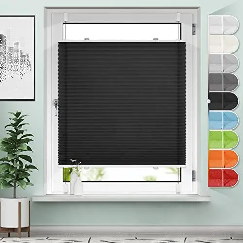 Produktbild: Sanfree Plissee Klemmfix Plisseerollo ohne Bohren Schwarz B90 x H120cm inkl. Klemmträger Blickdicht und lichtdurchlässig Jalousie Faltrollo Sichtschutz und Sonnenschutz Rollo für Fenster & Tür