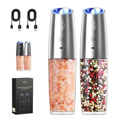 Produktbild: Sangcon 9 oz Hohe Kapazität Pfeffermühlen set USB wiederaufladbar, mit LED-Licht, Einhandbedienung, verstellbare Grobheit, Schwerkrafttyp Automatisches Schleifen(Edelstahl Silber)