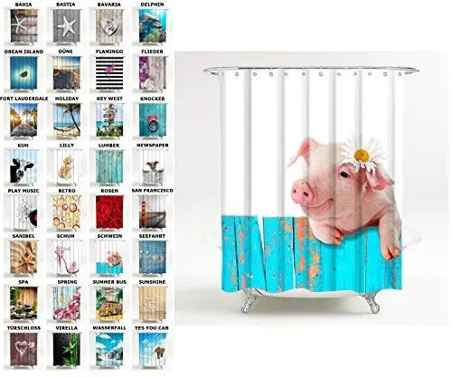 Produktbild: Sanilo Duschvorhang, viele schöne Duschvorhänge zur Auswahl, hochwertige Qualität, inkl. 12 Ringe, wasserdicht, Anti-Schimmel-Effekt (180 x 200 cm, Schwein)