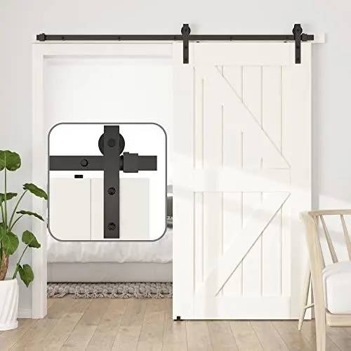 Produktbild: SANKEYTEW 201cm/6.6ft Schiebetür Komplettset,Schwarz Schiebetürbeschlag,Schwerlast Schiebetür Schiene,Schiebetür Holz für 1 Holztür(TÜR NICHT INBEGRIFFEN)