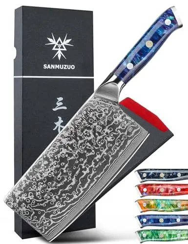 Produktbild: SANMUZUO Chinesisches Kochmesser 18 cm Profi Küchenmesser Damastmesser, Xuan Serie, VG10 Damaskus Stahl Küchenmesser mit Harz Griff(Saphirblau)