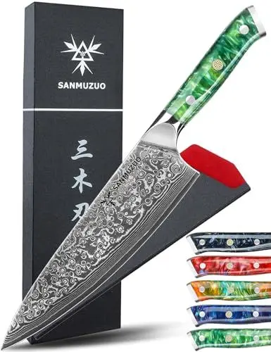 Produktbild: SANMUZUO Kochmesser - 20cm - Xuan Serie - VG10 Damaskus Stahl Küchenmesser - Harzgriff(Smaragdgrün)