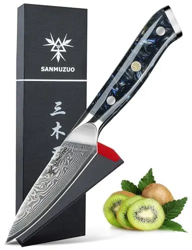 Produktbild: SANMUZUO Schälmesser Damastmesser 9 cm Klinge - Japanisches Obst und Gemüsemesser Officemesser - VG 10 Damaskus Stahl Küchenmesser mit Harzgriff - Xuan Serie(Sternenschwarz)