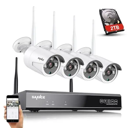 Produktbild: (8CH erweiterbar, 2K) SANNCE 5MP Wireless NVR Sicherheitssystem mit 4 Stück 3MP WiFi Überwachungskameras mit 2TB Festplatte für Innen AußenAI Menschenerkennung