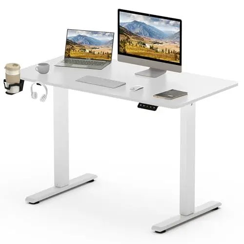 Produktbild: SANODESK Elektrischer Höhenverstellbarer Schreibtisch einfach mit Tischplatte, Memory Funktion und Haken, Schreibtisch Höhenverstellbar Elektrisch für Heimbüro, Homeoffice und Hause(110 x 60cm, weiß)