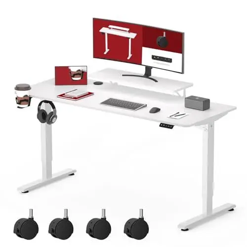 Produktbild: SANODESK Höhenverstellbarer Schreibtisch Computertisch mit Monitor Ständer Monitor Erhöhung Schreibtisch Höhenverstellbar Elektrisch Ergonomischer mit Haken und Rollen 2-Fach-Teleskop 120x60CM