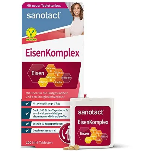 Produktbild: sanotact Eisen Komplex (100 Mini-Tabletten) • Mit 14mg Eisen hochdosiert, Kupfer, Folsäure, Vitamin C, B2, B6, B12 • Sofortwirkung bei Eisenmangel • Eisen für Blutbildung • 100% Vegan