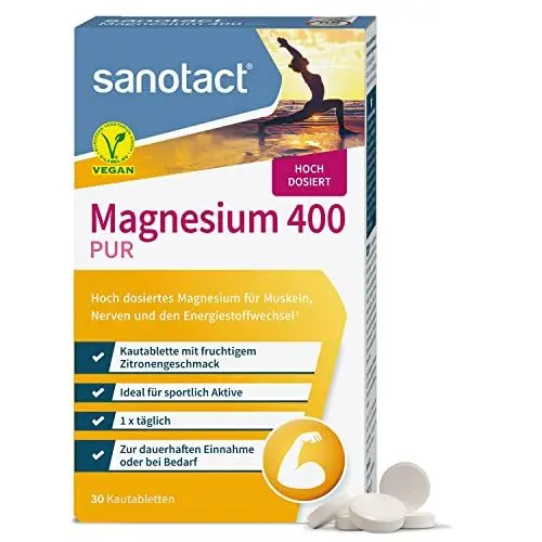 Produktbild: sanotact Magnesium 400 (30 Kautabletten) • Magnesium hochdosiert für Muskeln & Nerven • 400mg Magnesium mit Sofortwirkung • 100% Vegan • Magnesiumcarbonat & Magnesiumoxid
