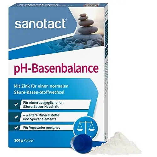 Produktbild: sanotact pH-Basenbalance Pulver (200g) • Für Säure Basen Balance mit Mineralien • Entsäuerungskur mit Zink, Magnesium, etc. • Basenpulver für normalen Säure-Basen-Stoffwechsel