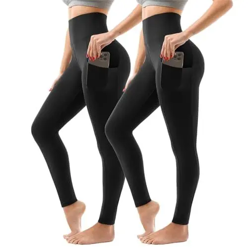 Produktbild: Sanpetix Sport Leggings Damen High Waist, Sporthose Damen Lang Mit Taschen Für Gym Yoga 2er Pack SM Schwarz