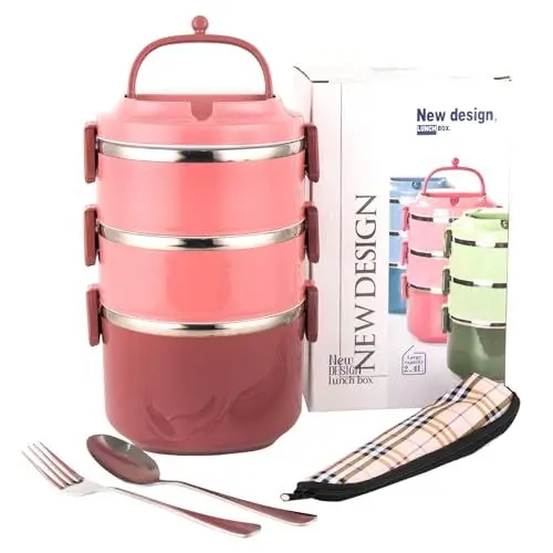 Produktbild: SANQIAHOME 3 Schichten Mehrschichtige stapelbare Edelstahl-Lunchbox,Auslaufsicher,rosa