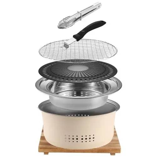 Produktbild: SANQIAHOME Tragbarer Edelstahl-Holzkohlegrill, 26,7cm, rund, mit Antihaft-Bratplatte, BBQ Grills Holzkohlekocher für Zuhause, Party, Outdoor, Camping