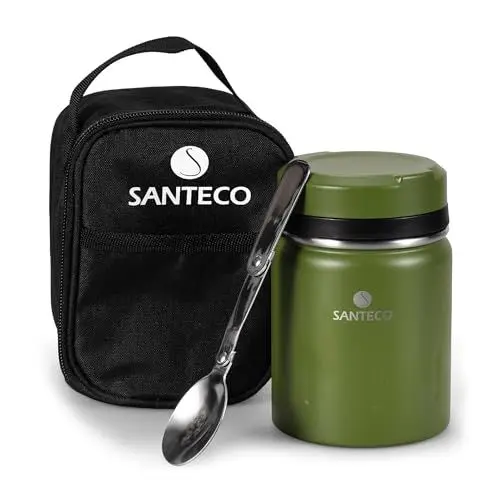 Produktbild: SANTECO Thermobehälter für Essen 500ml, 18/8 Edelstahl Warmhaltebehälter Speisegefäß für Essen mit Löffel und tragbaren Isolierbeutel, 24 Stunden Kalt