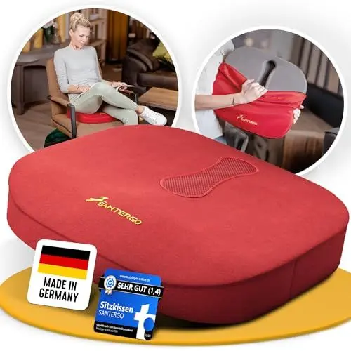 Produktbild: SANTERGO Orthopädisches Sitzkissen (PATENTIERT & FORMSTABIL) - Sitzkissen für Bürostuhl und Auto - Sitzkissen Stuhl, Sitzauflage Bürostuhl, Steißbeinkissen, Sitzpolster (Rot, Soft 45-65 kg)
