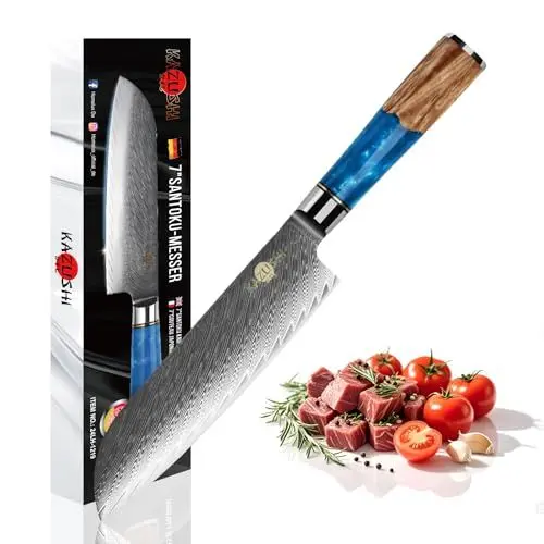 Produktbild: Santoku Messer 19cm - Profi Santoku Küchenmesser, Japanischem VG-10-Stahl Scharfes Küchenmesser,Einbeziehen Extrem Scharfer Klinge - Kochmesser für Fleisch, Gemüse, Fisch