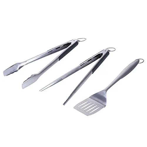 Produktbild: SANTOS 3-teiliges Edelstahl Grillbesteck-Set - Grillzange, Wender & Spitzzange - BBQ Geschenkset - BBQ-Besteck - hochwertiges massives Grillbesteck