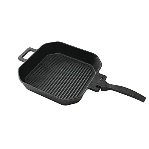Produktbild: SANTOS Grillpfanne eckig- 20x20cm - Gusseiserne Pfanne mit abnehmbarem Griff - Braten, Grillen - Gusseisenpfanne Eckig - Backofen, Gas- & Kohlegrill