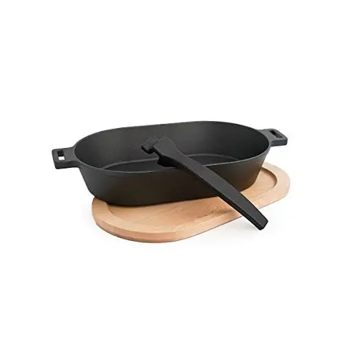 Produktbild: SANTOS Grillpfanne oval- 36 x19 cm - Gusseiserne Pfanne mit abnehmbarem Griff - Braten, Grillen - Gusseisenpfanne oval - Backofen, Gas- & Kohlegrill