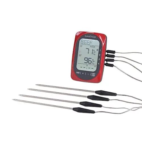 Produktbild: SANTOS smartes Bluetooth Grillthermometer - 4 Fühler - BBQ-Thermometer - Smartphone kompatibel Android & iOS - via App & Monitor steuerbar - mit Timer