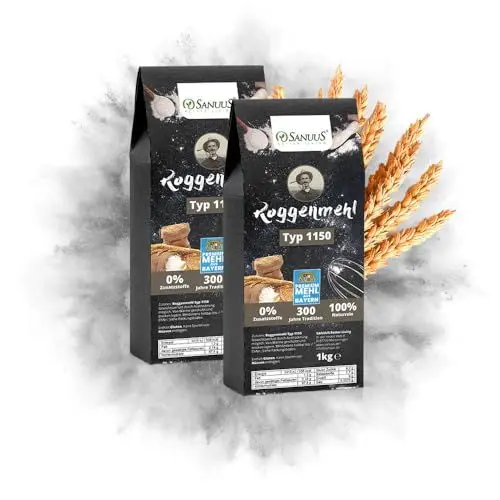 Produktbild: SANUUS Mehl Roggenmehl 1150 2kg aus dem Allgäu - Bäckermehl Brotbackmischung Roggenmehl dunkel für Sauerteig Vollkornbrot & als Mehl zum Backen mit mehr Mineralien & Spurenelementen
