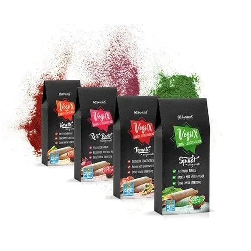 Produktbild: SANUUS VegiX Natürliche Lebensmittelfarbe Bio Gemüsepulver Backmischung Set 2kg - Gesunde Backmischungen mit Weizenmehl 550 für zum Backen - Spinatpulver, Rote Beete Pulver, Tomate und Karotte