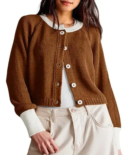 Produktbild: Saodimallsu Cardigan Damen Kurz Strickjacke Elegant Herbst Leicht Rundhals Loose fit Farbblock Strickmantel mit Knopf, Bräunlich, M