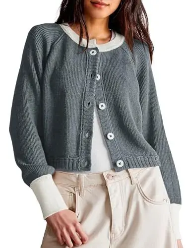Produktbild: Saodimallsu Cardigan Damen Kurz Strickjacke Elegant Herbst Leicht Rundhals Loose fit Farbblock Strickmantel mit Knopf, Grau, M
