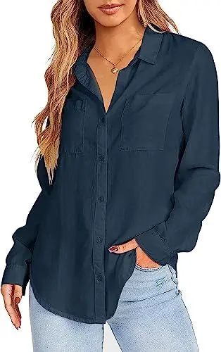 Produktbild: Saodimallsu Damen Bluse Langarm Hemd mit V-Ausschnitt Regular Fit Baumwolle Shirt Elegant Business Arbeit Oberteile Casual Langarmshirt Dunkelblau L
