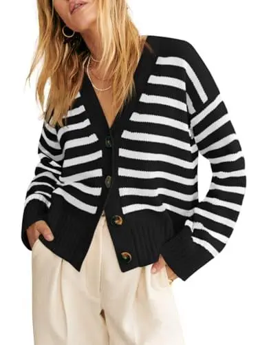 Produktbild: Saodimallsu Damen Cardigan Kurz Elegant Strickjacke Herbst V Ausschnitt Strickmantel Gestreifte Leicht Casual Pullover mit Knöpfe, Schwarz, L