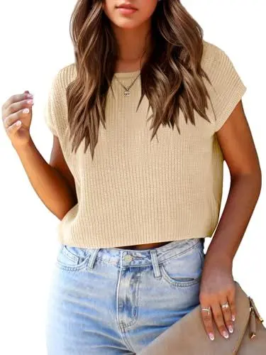 Produktbild: Saodimallsu Damen Kurzarm Pullover Sommer T-Shirt Sexy Crop Tops Loose Strickpullover Rundhalsausschnitt Leicht Dünne Strick Shirt Basic Oberteile Aprikose S