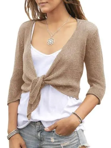 Produktbild: Saodimallsu Damen Leichte Strickjacke mit V-Ausschnitt Kurzarm Strickpullover Open Front 3/4 Ärmel Sommer Casual Cardigan Sheer Knotted Strand Tops Khaki S