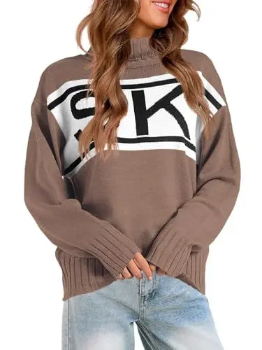 Produktbild: Saodimallsu Damen Oversized Pullover Turtleneck Ski Print Farbe Block Strickpullover Herbst Winter Langer Ärmel Gerippt Grobstrick Trendy Sweater Oberteil, Khaki, L