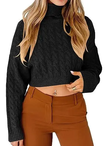 Produktbild: Saodimallsu Damen Pullover Gekürzt Rollkragen Kabelstrick Langärmelig Chunky Pullover Winter Sweater Schwarz M