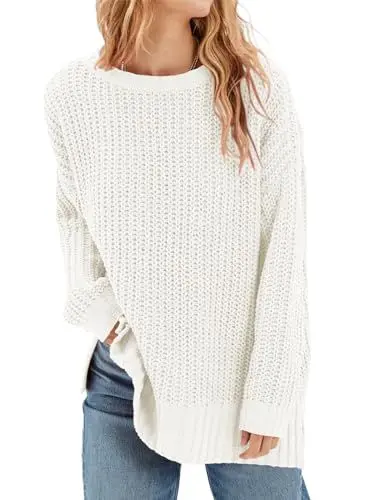 Produktbild: Saodimallsu Damen Pullover Herbst Winter Rundhalsausschnitt Langarm Lose Casual Einfarbige Strickpullover Oberteile,Weiß,M