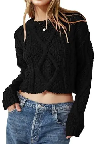 Produktbild: Saodimallsu Damen Pullover Kurz bauchfrei Strickpullover Rundhals Langarm Einfarbige Herbst Winter Rippstrick Oberteile,Schwarz,S