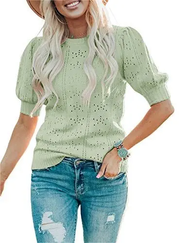 Produktbild: Saodimallsu Damen Pullover Laterne Kurzarm Tops Casual Rundhals Kleidung Niedlich Punkt Regular Fit Strickshirts Grün Mittel