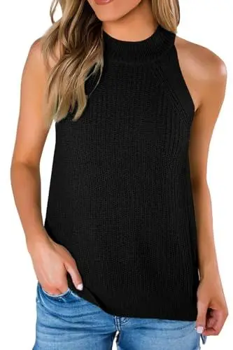 Produktbild: Saodimallsu Damen Sommer Strick Tanktop Ärmellose Rundhals Tank Tops Casual Knit Cami Top Sexy Oberteile, Schwarz, L