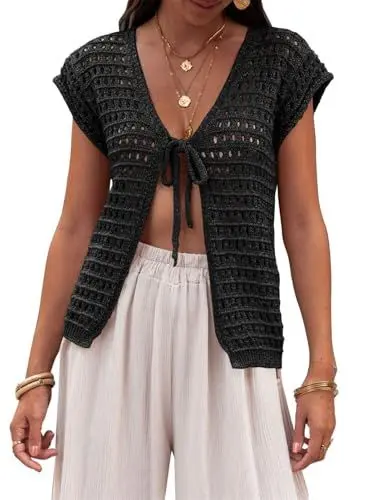 Produktbild: Saodimallsu Damen Sommer Strickjacke V-Ausschnitt Sexy Boho Tops Kurzarm Open Front Strickpullover Crochet Leichte Strand Bikini Cover Up Kurze Cardigan Schwarz M