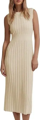 Produktbild: Saodimallsu Damen Sommerkleid Ärmellos Midikleid Strand Tank Kleid Sexy Partykleid Figurbetontes Kleid Einfarbig Strickkleid Casual Freizeitkleid Beige M