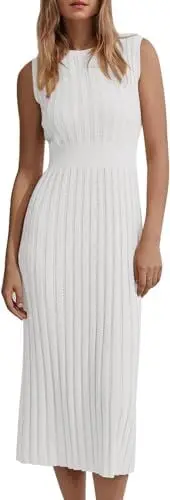 Produktbild: Saodimallsu Damen Sommerkleid Ärmellos Midikleid Strand Tank Kleid Sexy Partykleid Figurbetontes Kleid Einfarbig Strickkleid Casual Freizeitkleid Weiß M