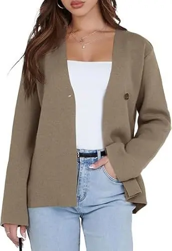 Produktbild: Saodimallsu Damen Strickjacke Langarm V-Ausschnitt Cardigan für Business Freizeit Gestrickt EIN Knopf Blazer,Braun,L