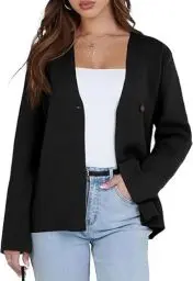 Produktbild: Saodimallsu Damen Strickjacke Langarm V-Ausschnitt Cardigan für Business Freizeit Gestrickt EIN Knopf Blazer,Schwarz,M