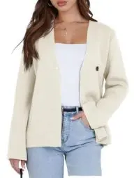 Produktbild: Saodimallsu Damen Strickjacke Langarm V-Ausschnitt Cardigan für Business Freizeit Gestrickt EIN Knopf Blazer,Weiß,XL