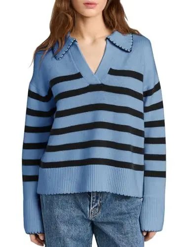 Produktbild: Saodimallsu Damen Strickpullover Gestreifte V-Ausschnitt Pullover Lässig Langarm Pulli Sweater, Blau, M